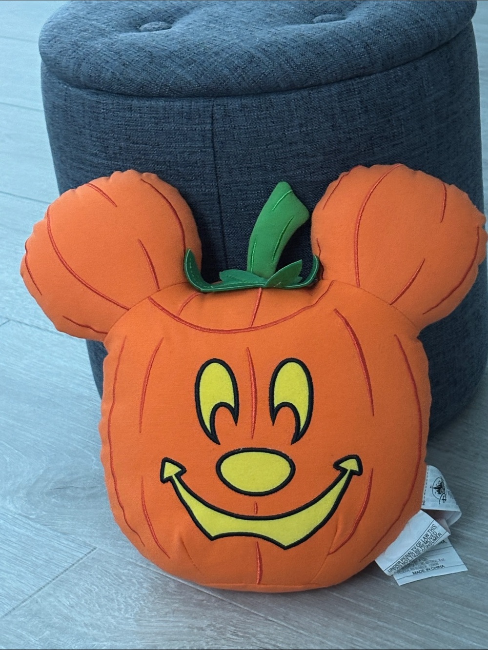 Disney Orange Mickey Mouse Pumpkin Jack-O-Lantern Plush Pillow with Green Leaf